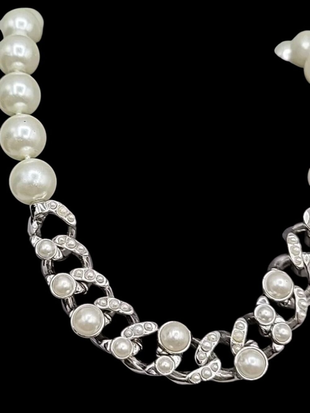 Givenchy Hematite-Plated Chain & Faux Pearl Necklace Glass Stones Accent Vtg 19" - Picture 5 of 16